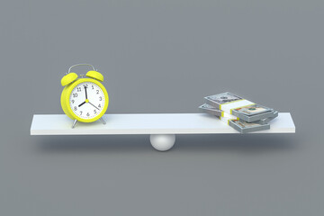 Stack of money and judge gavel, credit card on blue background. Business concept. Return on investments. Deposit yield. Balance of rest and work. Hourly payment. Average profitability. 3d rendering © OlekStock