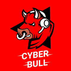 Vector bull head with headphones logo on red background.