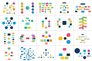 Fototapeta na wymiar Mega set of various flowcharts schemes, diagrams. Simply color editable. Infographics elements.