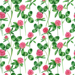 Seamless background with clover. Watercolor green leaf and pink clover flowers. Saint Patrick Day pattern