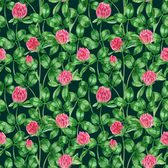 Seamless pattern with clover. Watercolor green leaf and pink clover flowers. Saint Patrick Day pattern