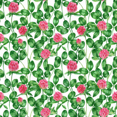 Seamless pattern with clover. Watercolor green leaf and pink clover flowers. Saint Patrick Day pattern
