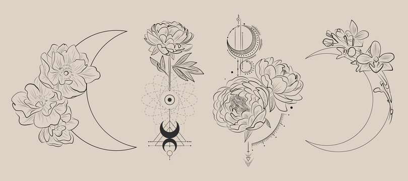 flowers and the moon in line style for tattoo, minimalist design cosmetics store, jewelry handmade, beauty salon, spa, print on clothes, delicate nude color