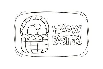 Countour hand drawn Easter card with Egg Basket. Festive kids coloring in doodle style isolated on white background. Vector illustration