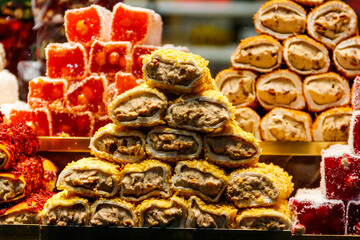 Traditional Turkish delight for sale at the market counter