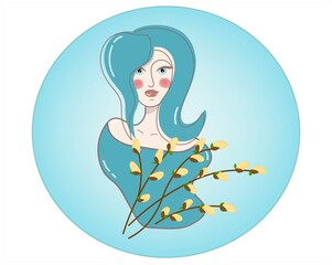 Stylish portrait of cute and confident women. Button with the image of a girl with a pussy willow branch. Emblem. Vector illustration in blue colors.