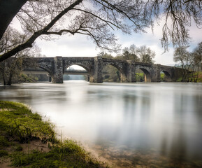 Fototapeta na wymiar Pontevea medieval bridge over Ulla river. Teo, Galicia, Spain.