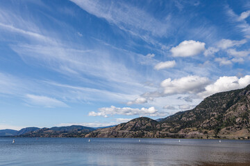 Panoramic view of summer landscape in the British Columbia with clear mountain lake background