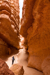 Woman hiking alone in a gorge in Bryce Canyon, USA