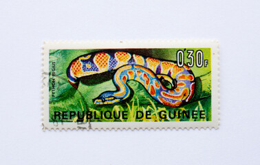 Guinea Republic Postage Stamp. circa 1967. reptilies stamp series. ball phyton