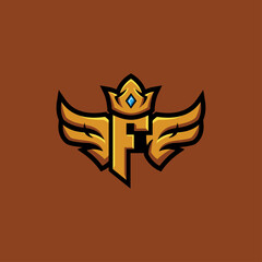 Letter F With wing and crown in gold and luxury style