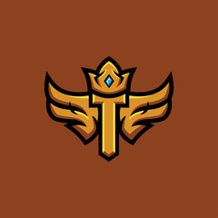 Letter T With wing and crown in gold and luxury style