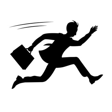 A young businessman in a tie and with a briefcase in hand is in a hurry. Runs at high speed. Isolated black silhouette. Vector cartoon illustration