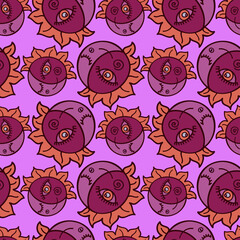 Vector colorful seamless pattern of lined abstract sun shapes with eyes in red and purple tones