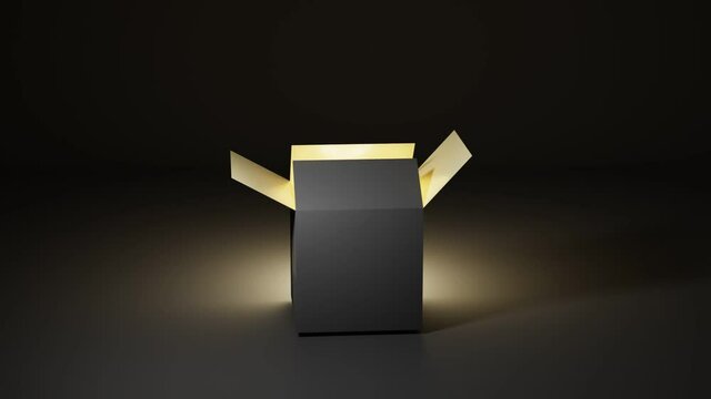 Opening magic box with golden glow and light inside. Surprise idea, secret gift on dark background, container for focus, Black Friday Sale, Christmas or Birthday present, black blank packaging mockup
