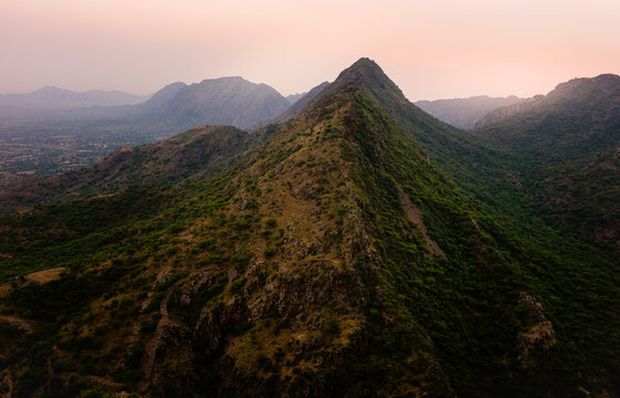 View across the Aravali hills at sunset near Ajmer, India.