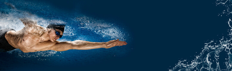 Swimmer on dark background. Sports banner