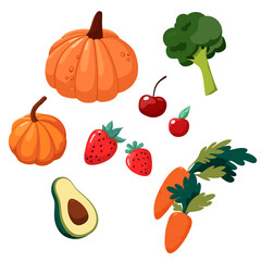 A simple set of vegetables and berries. Vector flat illustration isolated on white background. Pumpkins, avocados, broccoli, strawberries, cherries, carrots.