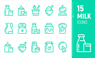 Set of contour milk icons, flat icons, milk bag, jug, butter, cottage cheese, cheese. Production of dairy products. Farm food icons.