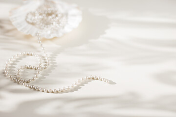 still life spa pearls and shell. Empty space for text. Top Down View