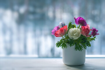 Bouquet of colorful anemones on a light blue background