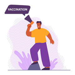 Guy holds loudspeaker.Protesting people.Man holding a megaphone.Man standing isolated in white background.Vaccination Covid-19 concept. Campaigning for vaccination coronavirus protection. 