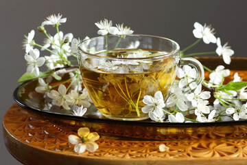 Cherry blossom tea in a glass cup with blooming floral branches nearby, healthy herbal drink is good for skin and heart, rich of antioxidants and essential acids, closeup, naturopathy concept