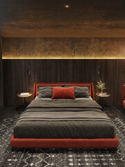 Interior design of dark bedroom with orange bed.