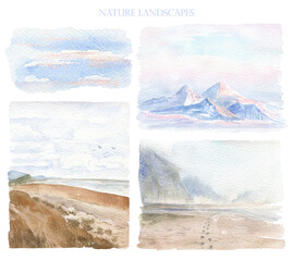 Watercolor silent landscapes. Wild rock beach. Blue mountain. Mist seascape