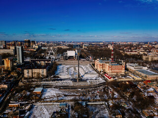 Theatrical square and park park in Rostov-on-Don, aerial view from drone in winter day