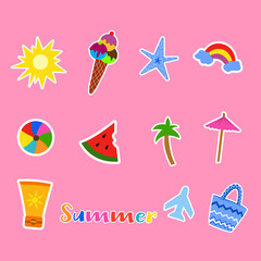 Naklejka premium Set of summer stickers for design. Vector illustration on pink background. Beach stickers starfish, ball, sunscreen, plane, ice cream, sun.