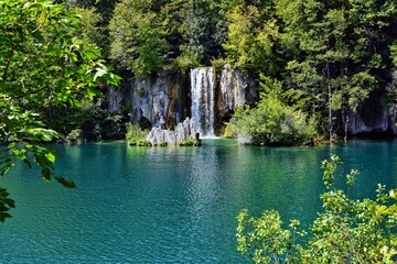 Fototapeta na wymiar Croatian National Park Plitvice lakes. Majestic view on waterfall with turquoise water and karst cascading lakes