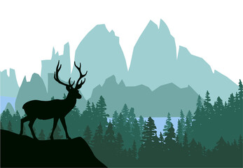 Deer with antlers posing on the top of the hill with mountains and the forest in background. Silhouette with green background, illustration.