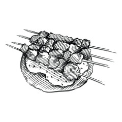 Hand drawn sketch of Greek Chicken Souvlaki  on a white background. Greek cuisine. Food. Meals. 