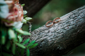 Wedding rings on a wooden stand against the background of the bride's bouquet