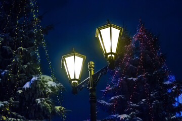 Fototapeta na wymiar Street lights in vintage style. Trees decorated by garlands and covered by snow are on background