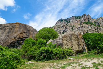 Massive boulders near foothill in Valley of Ghosts, near Alushta, Crimea. Height of stones about 30-40 feet. Age is hard to imagine, but definitely is pre-historic