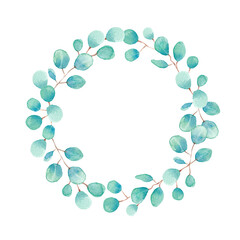 Green and blue watercolor painting circle of leaves on branches, hand drawn wreath isolated on white background	