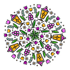 Flower circle in vector. From bulb to flower. Icons of spring flowers in a circle, icons of tulips, daffodils, bulbs. Autumn flower planting. Decorative ornament in a circle of flowers.