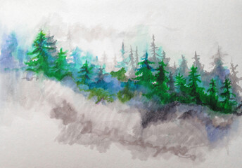 Misty spruce forest hand-drawn with watercolor markers. Wallpaper, screen saver, book illustration, watercolor, painting.