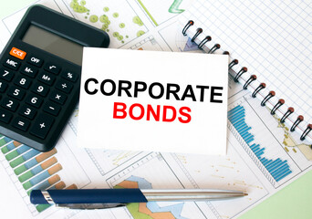 Business card with text Corporate Bonds laying on financial graphs