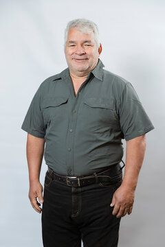 Fat Man Formal Shirt Mockup -Elderly Man Green Shirt Mockup - Front Side. Mature Man Smiling On White Background