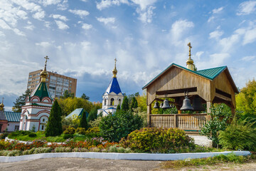 Fototapeta na wymiar Panorama of buildings of Kizichesky monastery, Kazan, Russia. Monastery was founded at end of 17th century, it's one of eldest in region