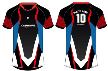 Sports jersey t shirt design concept vector template, Football jersey concept with front and back view for Soccer, Cricket, Volleyball, Rugby, tennis, badminton and active wear uniform.
