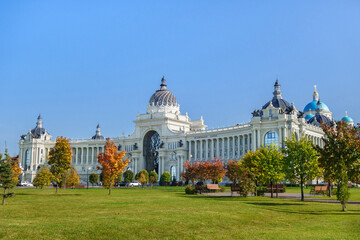 Panorama of building of Palace of Farmers and its park. Inscriptions on facade translation: 