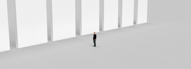 A lonely man standing in the middle of a big room with big white panels or maybe columns. 3d render