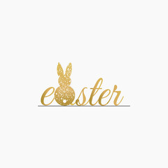 Golden Easter lettering with decorative hare isolated on white background. Handrawing letters.Happy Easter Poster