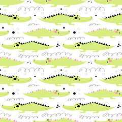 Vector seamless pattern with a crocodile in the Scandinavian style on a white background. Cute baby alligator.