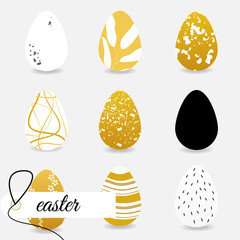 Set of vector golden and white realistic Easter eggs isolated on white background. Decorative design elements for Easter design.