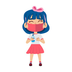 Girl with antibacterial gel and face mask - Vector